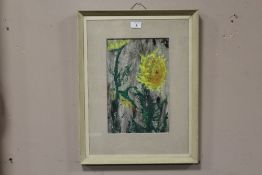 A VINTAGE FRAMED AND GLAZED OIL ON BOARD OF SUNFLOWERS, 23 CM BY 35 CM