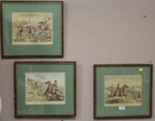 THREE FRAMED AND GLAZED HAND COLOURED HUNTING SCENE ENGRAVINGS