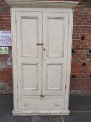 A LARGE VINTAGE TWO DOOR PAINTED PINE CUPBOARD - H 240 CM, W 133 CM, D 51 CM