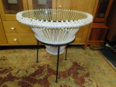 A RETRO PAINTED WICKER GLASS TOPPED TABLE WITH SEPARATE METAL STAND H-64 CM DIA. 63 CM