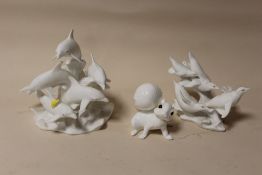 TWO LENOX FIGURES ENTITLED 'PENGUINS AT PLAY' AND 'SEA SYMPHONY' TOGETHER WITH A ROYAL OSBORNE