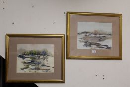 A PAIR OF FRAMED AND GLAZED SOUTH AFRICAN LANDSCAPE WATERCOLOURS SIGN JUAN MOLLMANN 34 CM BY 26 CM