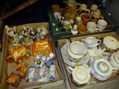 THREE TRAYS OF ASSORTED CERAMICS TO INCLUDE TEAPOTS, FIGURES AND TANKARDS