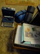 TWO BOXES OF DRINKING GLASSES TOGETHER WITH A TYPEWRITER ETC.