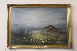 A LARGE GILT FRAMED OIL ON CANVAS OF A COUNTRY LANDSCAPE WITH A BARN SIGNED AM TONY 90 CM BY 60 CM
