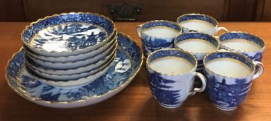 A SET OF CAUGHLEY 'PAGODA PATTERN' PORCELAIN TEAWARE circa 1780, COMPRISING SIX CUPS, SIX SAUCERS