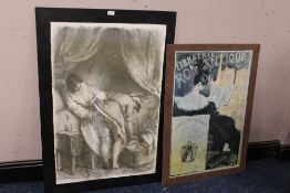 TWO UNFRAMED MOUNTED PRINTS, TO INCLUDE A FRENCH EXAMPLE, TOGETHER WITH A CARTOON PAINTING OF A