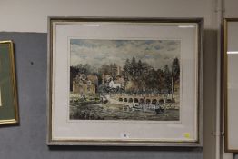 A FRAMED AND GLAZED WATERCOLOUR ENTITLED ARLEY FERRY (WORCS) SIGNED R W DICKENS LOWER CENTRE - 50.