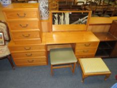 A MODERN G-PLAN DRESSING TABLE, CHEST AND BEDSIDE CHEST PLUS STOOL (4)