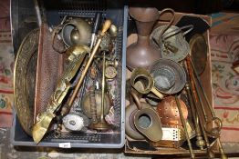TWO BOXES OF ASSORTED METALWARE TO INCLUDE ANTIQUE BRASS FIRE IRONS AND A HAMMERED FINISH COPPER