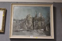 FRAMED OIL ON CANVASS DEPICTING A STREET SCENE SIGNED K.KOMAGE LOWER LEFT VERSO - 60CM X 49CM