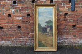 A LARGE 19TH/20TH CENTURY OIL ON CANVAS OF A DOG OUTSIDE A KENNEL INDISTINCTLY SIGNER LOWER RIGHT