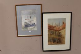 TWO FRAMED AND GLAZED WATERCOLOURS OF A GALLEON AT SEA AND A COURTYARD SCENE INITIALLED JSC LOWER