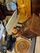 A TRAY OF TREEN TO INCLUDE A CARVED BUDDHA FIGURE, JEWELLERY BOX ETC.