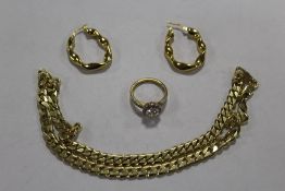 A SILVER GILT CURB LINK CHAIN, PAIR OF EARRINGS AND DRESS RING APPROX WEIGHT - 39.8G