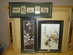 A FRAMED CHINESE SILKWORK DEPICTING BIRDS 50 X 34 CM TOGETHER WITH ANOTHER EASTERN PICTURE AND AN