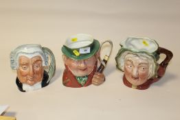 TWO BESWICK CHARACTER JUGS, TONY WELLER AND SAIRY GAMP TOGETHER WITH A ROYAL DOULTON THE LAWYER
