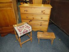 A PINE FOUR DRAWER CHEST, STOOL AND WICKER STOOL (3)