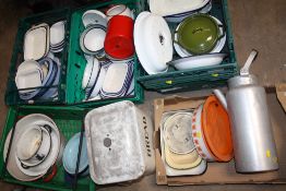A MIXTURE OF ENAMEL KITCHEN ITEMS TO INCLUDE A BREAD BIN POTS ETC