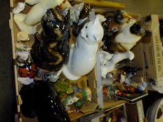 TWO TRAYS OF ASSORTED CERAMIC AND OTHER FIGURES TO INCLUDE FOUR LARGE SEATED CAT FIGURES
