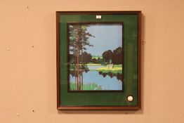 A FRAMED GLAZED GOLF INTEREST PRINT WITH INSET GOLF BALL LOWER RIGHT, OVERALL SIZE INCLUDING FRAME