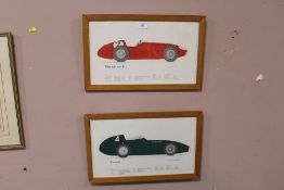 TWO FRAMED AND GLAZED PRINTS OF CLASSIC RACE CARS TO INCLUDE A MASERATI 250 F