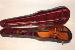 A CASED VIOLIN - OVERALL LENGTH 60CM PLUS BOW