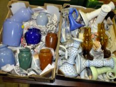 A TRAY OF ASSORTED CANDLE STICKS TOGETHER WITH A SMALL TRAY OF STONEWARE VASES