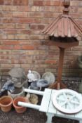 A MIXTURE OF GARDEN ORNAMENTS ETC TO INC POTS AND A FEEDER STAND - SOME AS FOUND