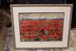 MODERN FRAMED AND GLAZED OIL ON BOARD OF A POPPY FIELD, INDISTINCTLY SIGNED LOWER RIGHT - 49CM X