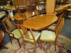 A 'NATHAN' MODERN TEAK EXTENDING DINING TABLE AND SIX CHAIRS - TABLE H 74 CM, L 145 CM EXTENDED L