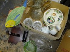 A BOX OF CERAMICS AND GLASS TO INCLUDE A FISH SHAPED DISH