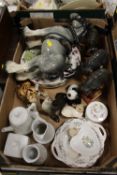 A TRAY OF ASSORTED CERAMICS TO INCLUDE RUSSIAN ANIMAL FIGURES AND COALPORT
