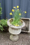 A PLANTER ON BASE WITH CONTENTS TOGETHER WTIH A HANGING BASKET AND PLANTER TOP