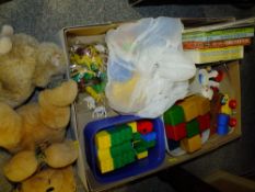 A BOX OF CHILDRENS TOYS TO INCLUDE WOODEN BUILDING BLOCKS