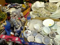 FOUR TRAYS OF ASSORTED CHINA AND CERAMICS TO INCLUDE ROYAL GRAFTON CHINA, LAUREL AND HARDY FIGURE