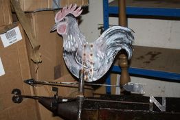 A COCKEREL WEATHER VANE TOGETHER WITH A CAST PUMP, METALWARE ETC