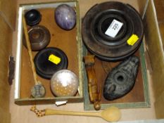 TWO CHINESE HARD WOOD STANDS, A REPLICA ROMAN OIL LAMP, TWO SNUFF CONTAINERS, A CIGAR BOX, A HARD