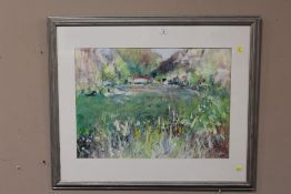 A LARGE FRAMED AND GLAZED IMPRESSIONIST WATERCOLOUR OF A LANDSCAPE SIGNED BAMFORD LOWER RIGHT 67