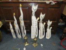 A MODERN SET OF THREE ELEPHANTS AND CATS PLUS TWO LAMPS