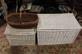 TWO WICKER LIDDED BASKETS TOGETHER WITH ANOTHER BASKET, LARGEST W 75 X D 45 X H 45 CM