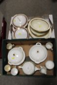 TWO TRAYS OF ASSORTED CHINA TO INCLUDE A WEDGWOOD COLUMBIA TEAPOT, MINTON GLOUCESTER CHINA, AND