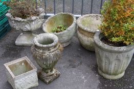 AN ASSORTMENT OF SIX GARDEN PLANTERS (SOME WITH CONTENTS )