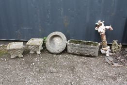 AN ASSORTMENT OF GARDEN ITEMS TO INCLUDE A CAST PUMP, PAIR OF SQUARE PLANTERS, RECTANGULAR PLANTER