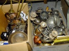 TWO BOXES OF ASSORTED METALWARE TO INCLUDE A PEWTER TEA SERVICE, WITH DAMAGES