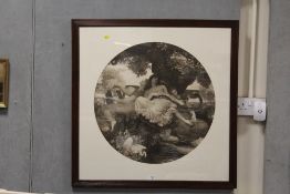 A LARGE BLACK AND WHITE PRINT OF A LADY ENTWINED BY A SERPENT