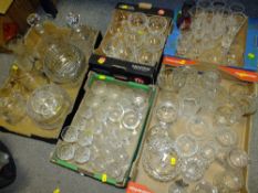 FIVE BOXES OF CUT GLASS TO INCLUDE DECANTERS, DRINKING GLASSES, VASES ETC.