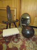 A CARVED THREE LEG STOOL, OVAL MIRROR, STOOL AND JARDINAIRE (4)