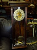 A VINTAGE MAHOGANY WALL CLOCK WITH WEIGHTS AND PENDULUM, FRONT GLASS MISSING, H 97 CM