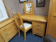 A MODERN LIGHT OAK TWIN PEDESTAL DRESSING TABLE H-76 W-146 CM WITH A MIRROR AND CHAIR